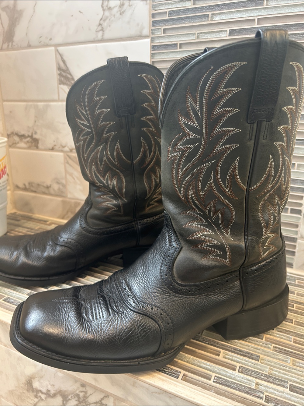 Ariat Black Leather Western Cowboy Boots with Brown Stitching - Picture 8 of 12